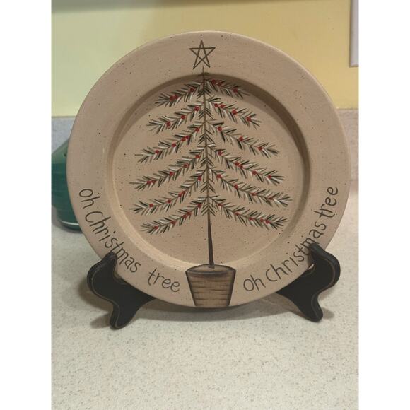 Primitive wood plate Oh Christmas Tree with wooden stand Signed - Picture 1 of 3